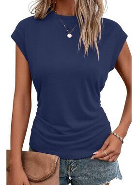 Women's Mid Blue Short Sleeve Crew Neck Imported Outfits Tops Pull On T Shirts